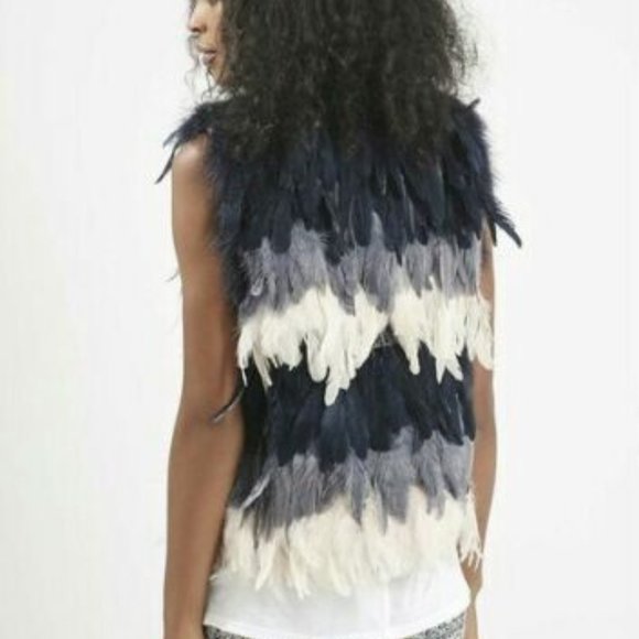 💋STUNNINGLY BEAUTIFUL💋 OMBRE BLUE & CREAM FEATHER FUR WAISTCOAT - Picture 4 of 15